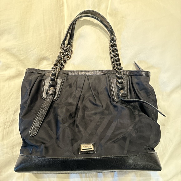 Burberry Black Super Nova Check Nylon and Leather Chain Large Tote Shoulder Bag - Picture 1 of 5